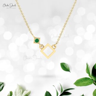 Round Cut Minimalist Pendant With 0.06 Ct Emerald Open Square Necklace In 14k Real Gold