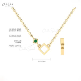 Round Cut Minimalist Pendant With 0.06 Ct Emerald Open Square Necklace In 14k Real Gold