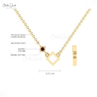Solid 14k Gold Solitaire Pendant with 2.5mm Red Garnet January Birthstone Dainty Necklace