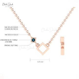 Pure 14k Gold Open Square Pendant With 2.5mm London Blue Topaz Gemstone Necklace