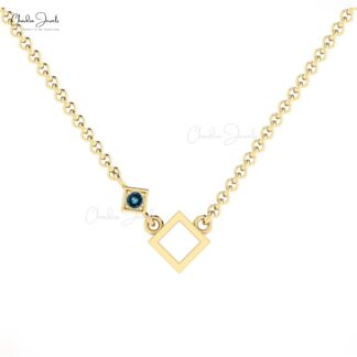Pure 14k Gold Open Square Pendant With 2.5mm London Blue Topaz Gemstone Necklace