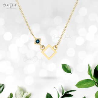 Pure 14k Gold Open Square Pendant With 2.5mm London Blue Topaz Gemstone Necklace