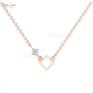 Real 14k Gold Open Square Charm With 2.5mm Fire Opal Solitaire Hallmarked Necklace