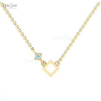 Real 14k Gold Open Square Charm With 2.5mm Fire Opal Solitaire Hallmarked Necklace