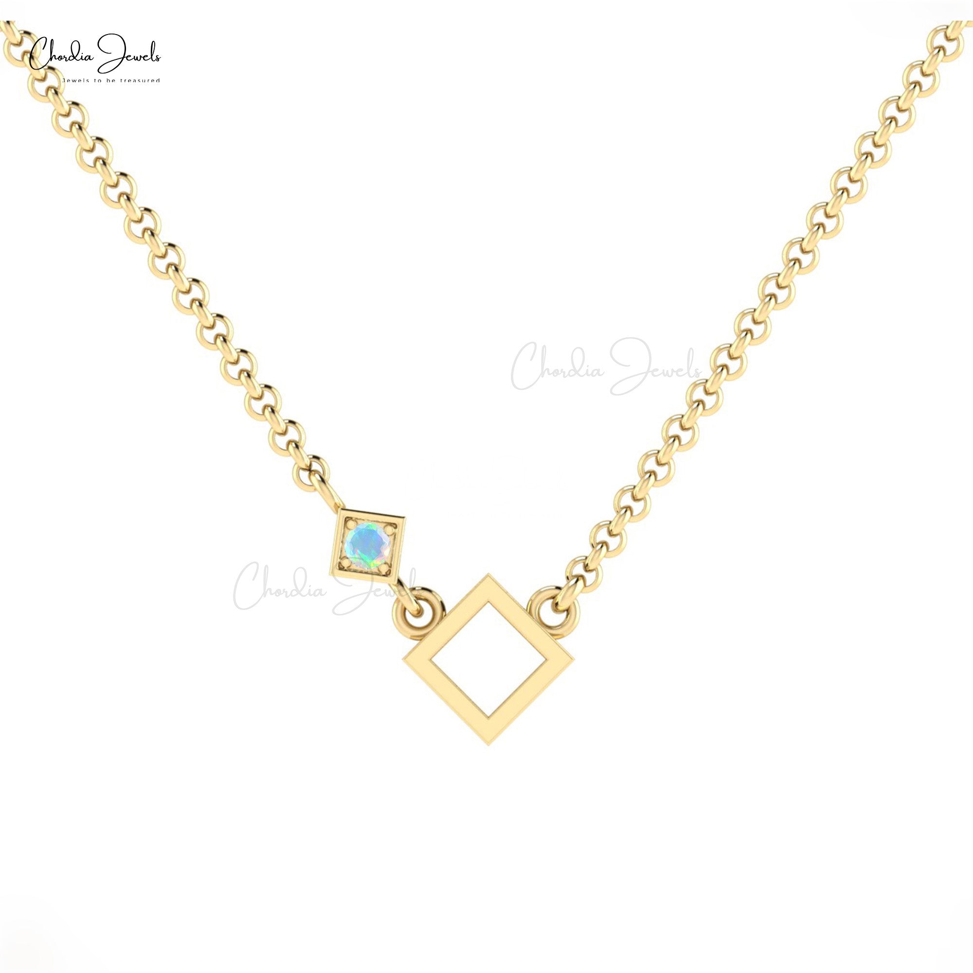 Real 14k Gold Open Square Charm With 2.5mm Fire Opal Solitaire Hallmarked Necklace