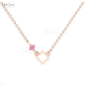 Solitaire Open Square Necklace With 0.06 Ct Pink Sapphire Pave Set In 14k Pure Gold Necklace