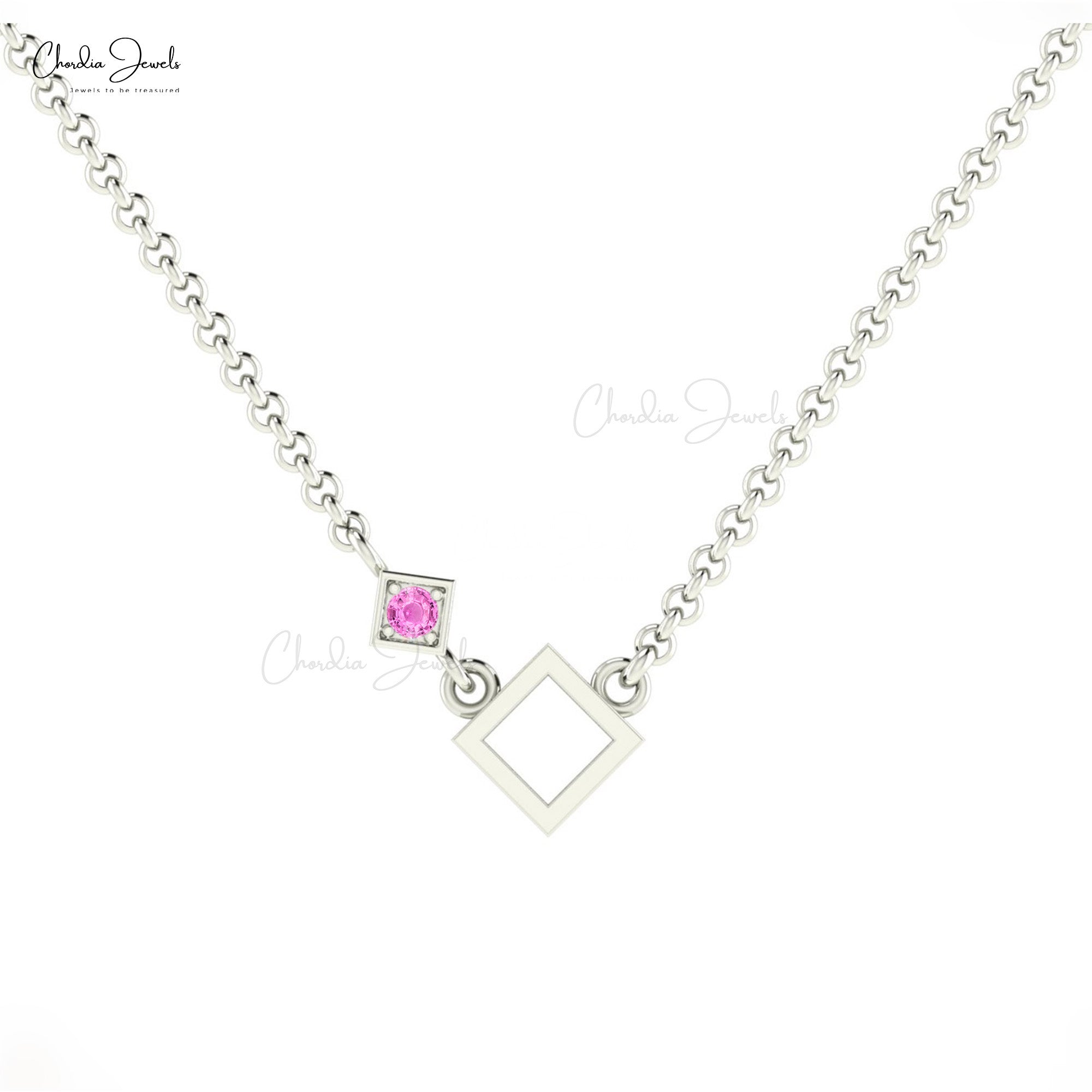 Solitaire Open Square Necklace With 0.06 Ct Pink Sapphire Pave Set In 14k Pure Gold Necklace