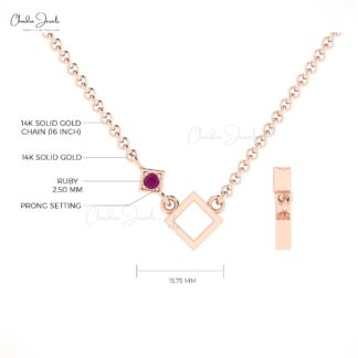 Dainty Gemstone Necklace In 14k Solid Gold Ruby 2.5mm Round Cut Open Square Necklaces