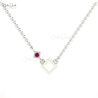 Dainty Gemstone Necklace In 14k Solid Gold Ruby 2.5mm Round Cut Open Square Necklaces