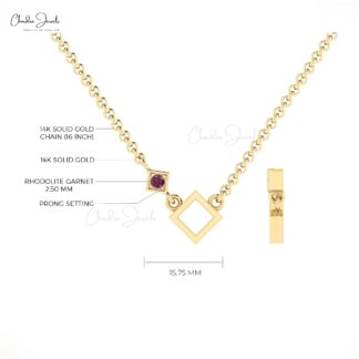 Open Square Rhodolite Garnet Pendant With 2.5mm Gemstone Pave Set In 14k Gold Necklace