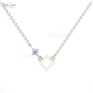 Single Rainbow Moonstone Open Square Necklace In 14k Real Gold Minimalist Jewelry