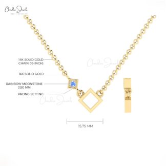 Single Rainbow Moonstone Open Square Necklace In 14k Real Gold Minimalist Jewelry