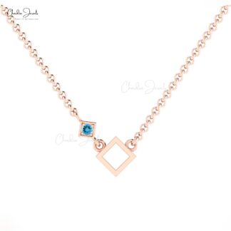 Solitaire Dainty Chain Necklace In 14k Real Gold Swiss Blue Topaz Open Square Necklaces