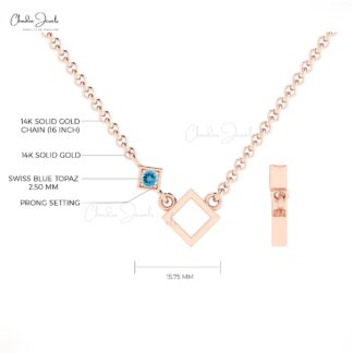 Solitaire Dainty Chain Necklace In 14k Real Gold Swiss Blue Topaz Open Square Necklaces