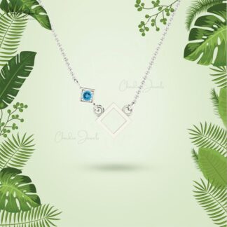 Solitaire Dainty Chain Necklace In 14k Real Gold Swiss Blue Topaz Open Square Necklaces