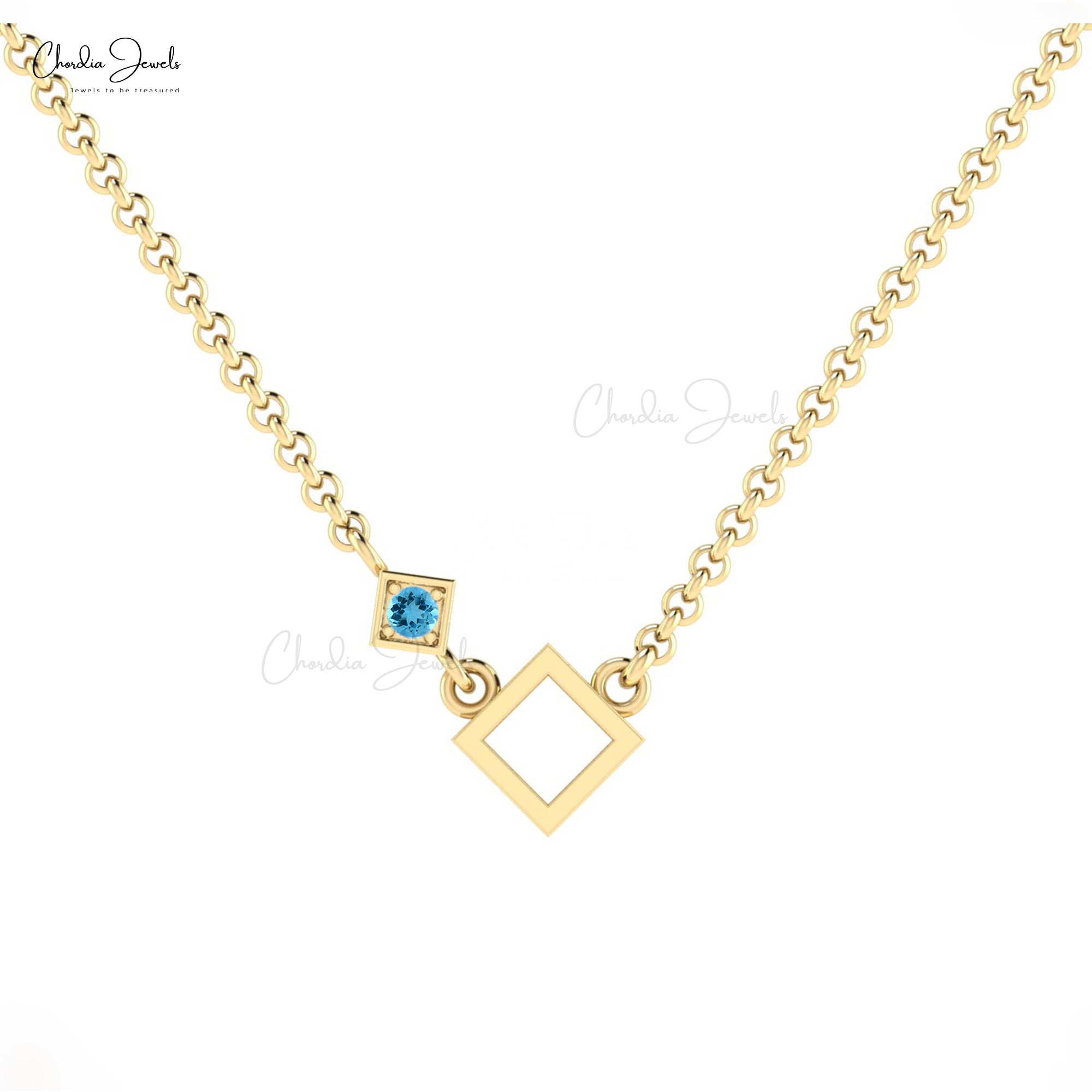 Solitaire Dainty Chain Necklace In 14k Real Gold Swiss Blue Topaz Open Square Necklaces