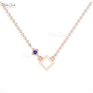 Dainty Open Square Pendant In Solid 14k Gold Tanzanite 0.08 Ct Gemstone Solitaire Necklace