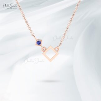 Dainty Open Square Pendant In Solid 14k Gold Tanzanite 0.08 Ct Gemstone Solitaire Necklace