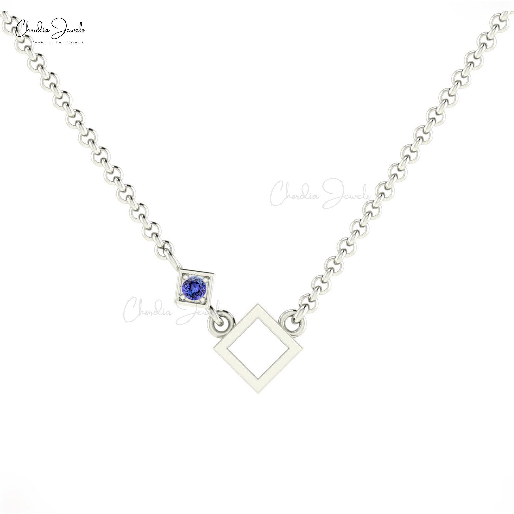 Dainty Open Square Pendant In Solid 14k Gold Tanzanite 0.08 Ct Gemstone Solitaire Necklace