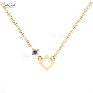 Dainty Open Square Pendant In Solid 14k Gold Tanzanite 0.08 Ct Gemstone Solitaire Necklace
