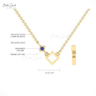 Dainty Open Square Pendant In Solid 14k Gold Tanzanite 0.08 Ct Gemstone Solitaire Necklace