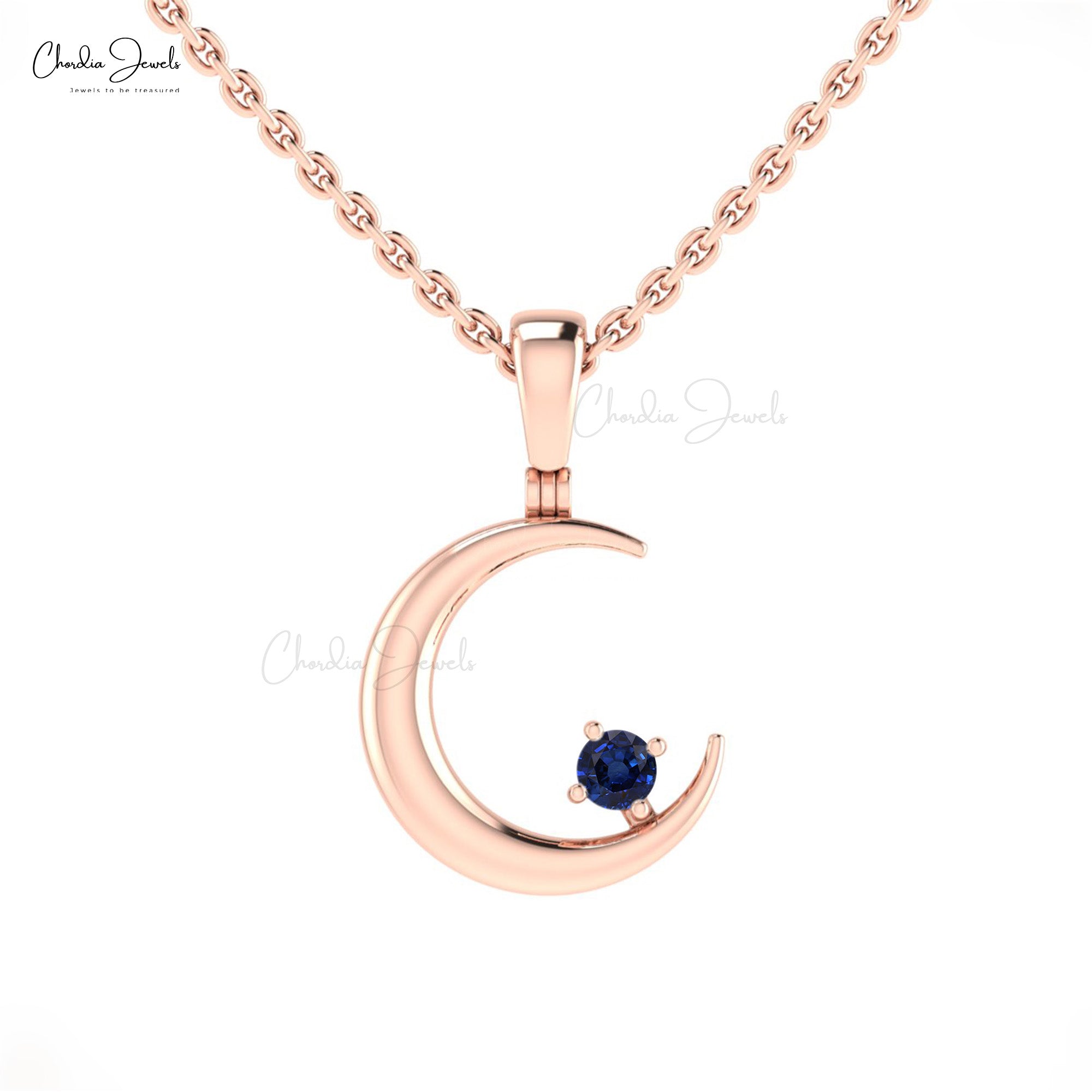 Solid 14k Gold Half Moon With 2mm Round Blue Sapphire Crescent Pendant