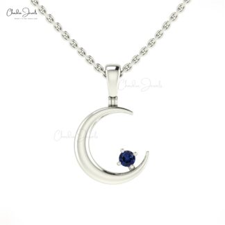 Solid 14k Gold Half Moon With 2mm Round Blue Sapphire Crescent Pendant