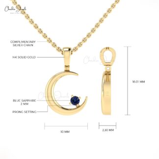 Solid 14k Gold Half Moon With 2mm Round Blue Sapphire Crescent Pendant