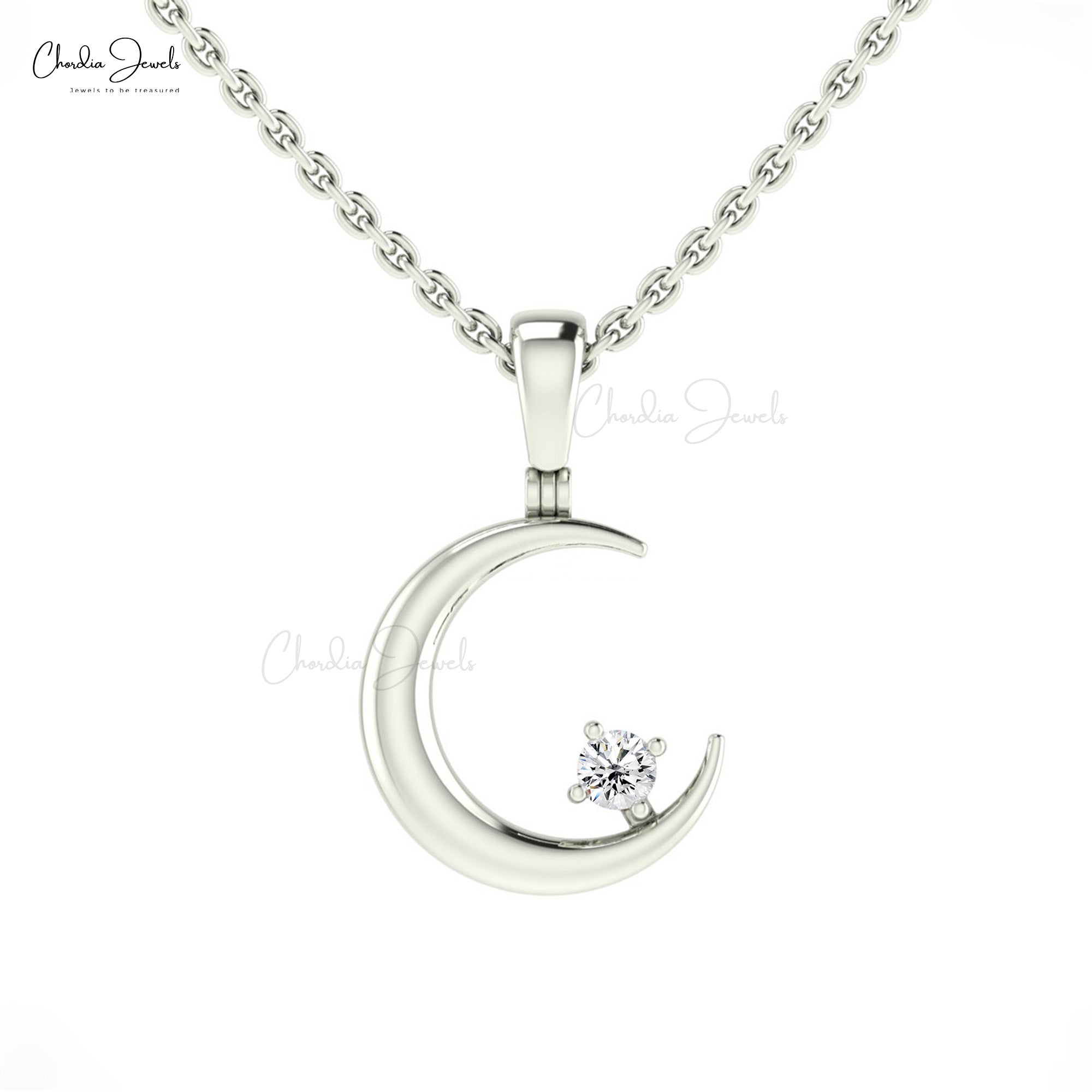 Single Stone Half Moon Charm With 2mm White Diamond Solitaire Pendant In 14k Pure Gold