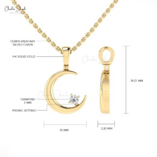Single Stone Half Moon Charm With 2mm White Diamond Solitaire Pendant In 14k Pure Gold