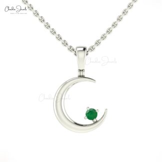 Natural 0.03ct Emerald Half Moon Pendant In 14k Real Gold