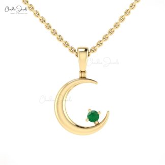 Natural 0.03ct Emerald Half Moon Pendant In 14k Real Gold