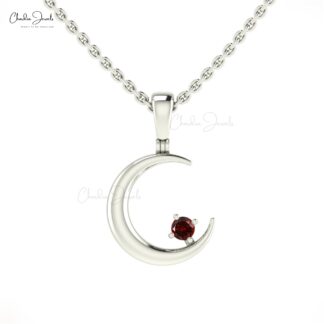Solid 14k Gold Dainty Crescent Pendant With 2mm Red Garnet Gemstone Women Necklace