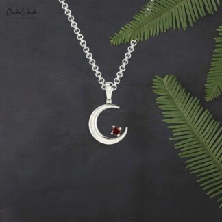 Solid 14k Gold Dainty Crescent Pendant With 2mm Red Garnet Gemstone Women Necklace