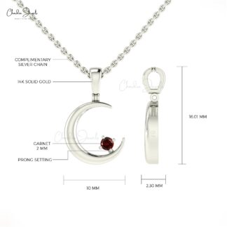 Solid 14k Gold Dainty Crescent Pendant With 2mm Red Garnet Gemstone Women Necklace