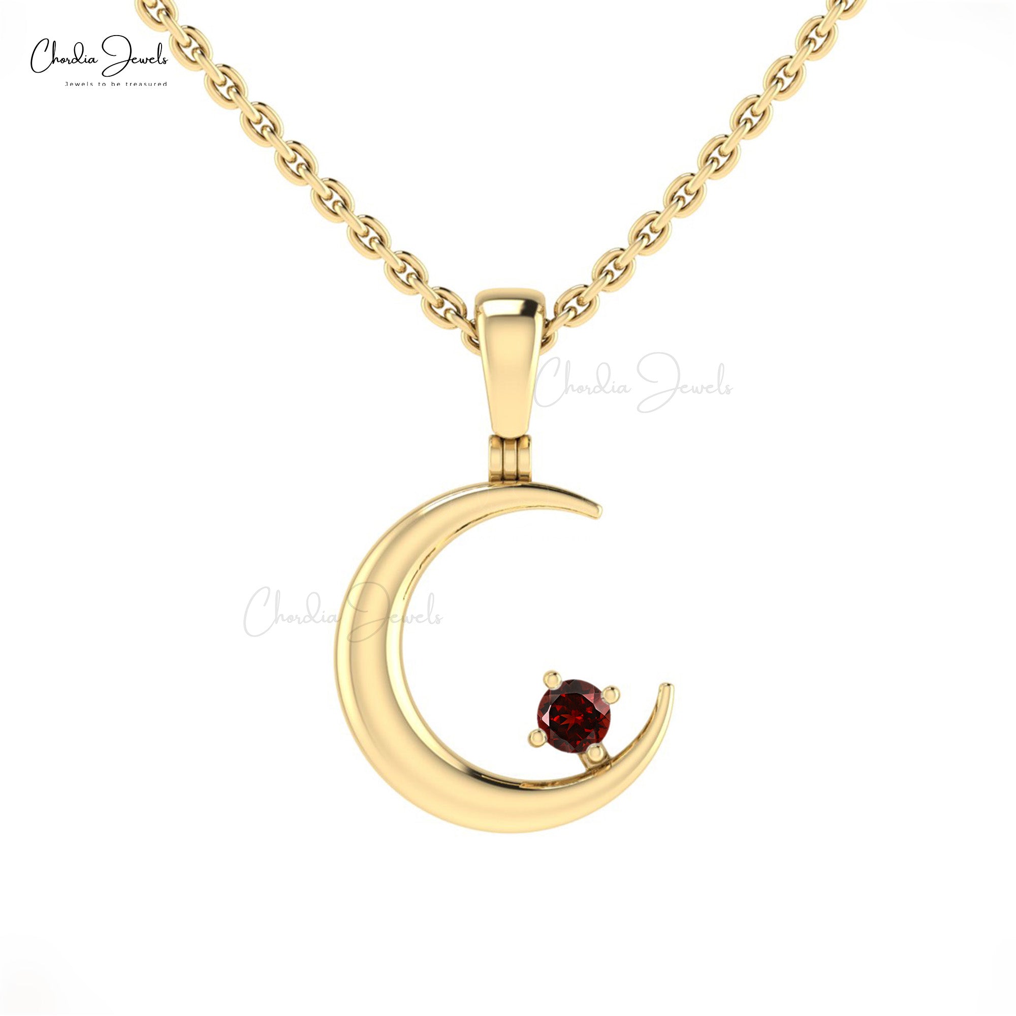 Solid 14k Gold Dainty Crescent Pendant With 2mm Red Garnet Gemstone Women Necklace