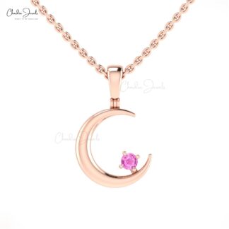Crescent Solitaire Charm With 2mm Pink Sapphire 14k Solid Gold Half Moon Kids Pendant