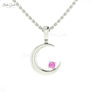 Crescent Solitaire Charm With 2mm Pink Sapphire 14k Solid Gold Half Moon Kids Pendant