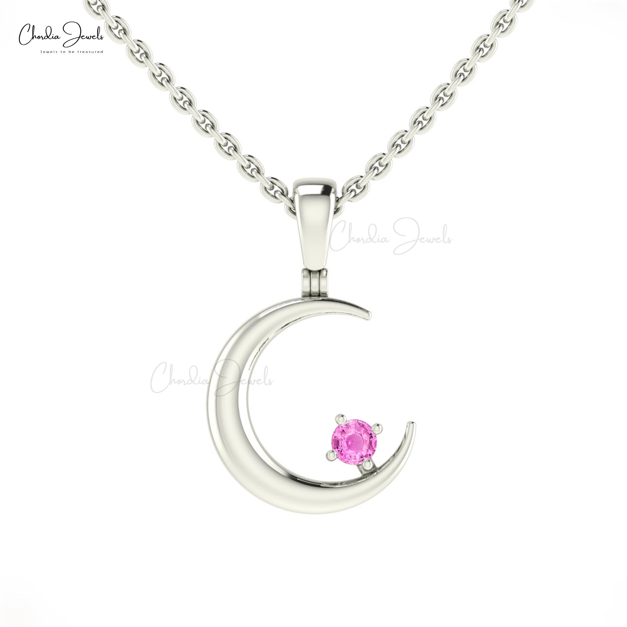 Crescent Solitaire Charm With 2mm Pink Sapphire 14k Solid Gold Half Moon Kids Pendant