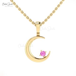 Crescent Solitaire Charm With 2mm Pink Sapphire 14k Solid Gold Half Moon Kids Pendant