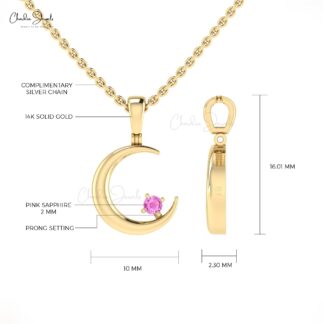 Crescent Solitaire Charm With 2mm Pink Sapphire 14k Solid Gold Half Moon Kids Pendant
