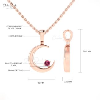 Brilliant Cut Half Moon Charm In Pure 14k Gold Pink Tourmaline Solitaire Pendant For Her