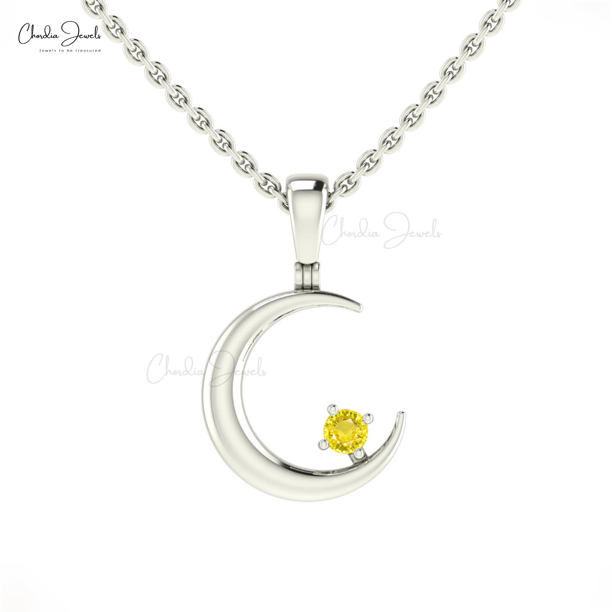 Gemstone Celestial Pendant In Real 14k Gold Yellow Sapphire 0.03 Ct Round Cut Necklaces