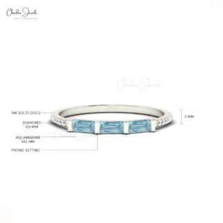 Trio Stone Wedding Ring In Pure 14k Gold Aquamarine 0.24 Ct Gemstone Diamond Stack Rings