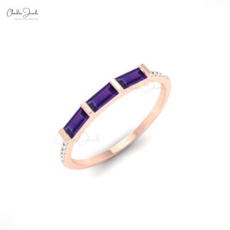 Three Stone Stackable Band With 4x2mm Amethyst And Diamond Promise Ring In 14k Real Gold