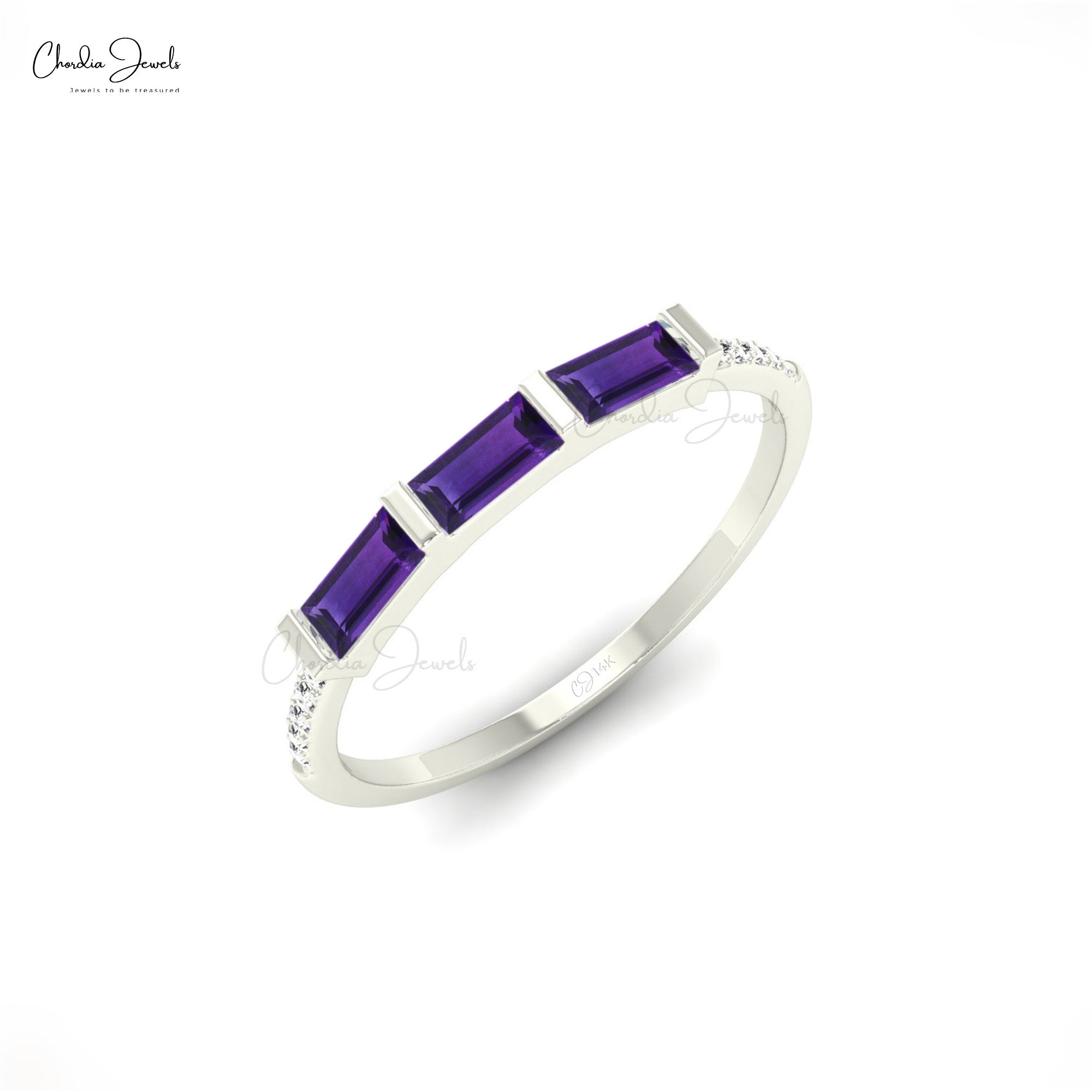Three Stone Stackable Band With 4x2mm Amethyst And Diamond Promise Ring In 14k Real Gold