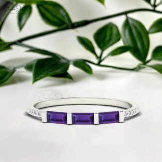 Three Stone Stackable Band With 4x2mm Amethyst And Diamond Promise Ring In 14k Real Gold