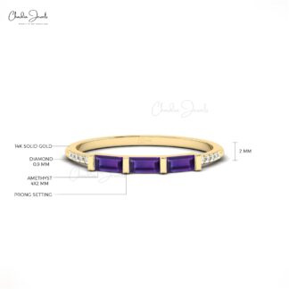 Three Stone Stackable Band With 4x2mm Amethyst And Diamond Promise Ring In 14k Real Gold