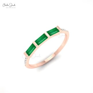Round Diamond Baguette Cut Emerald Ring in 14k Solid Gold