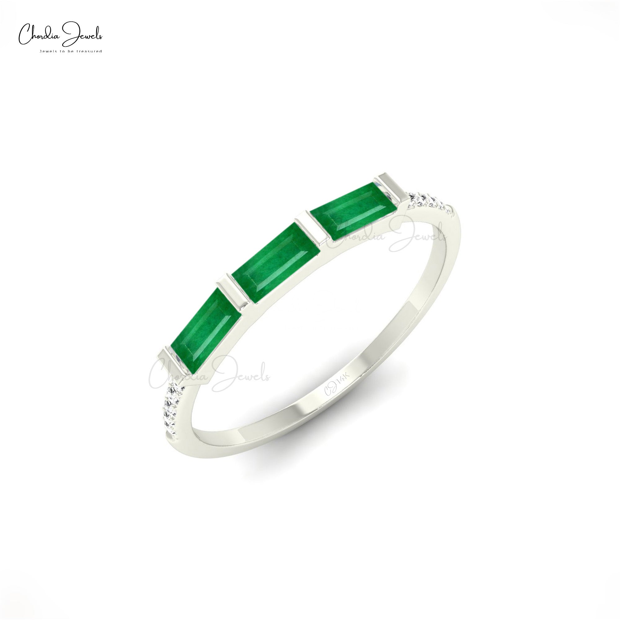 Round Diamond Baguette Cut Emerald Ring in 14k Solid Gold